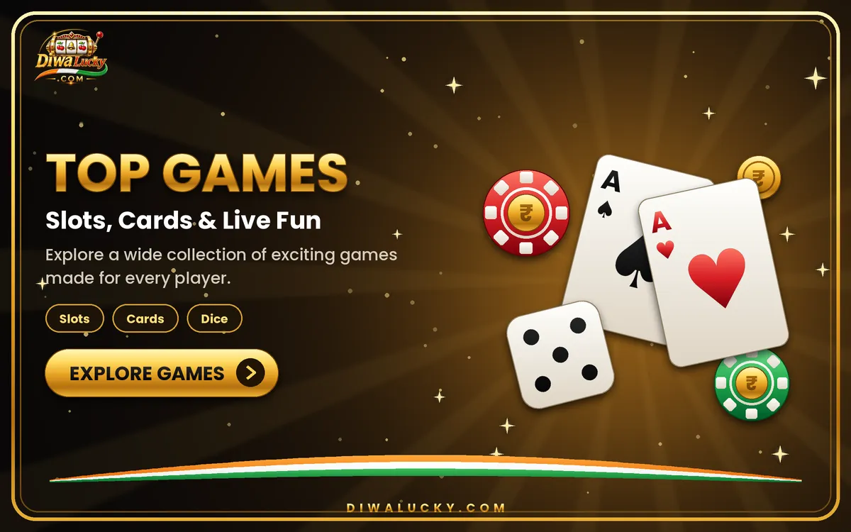 Diwa Lucky games banner with playing cards, dice and casino chips